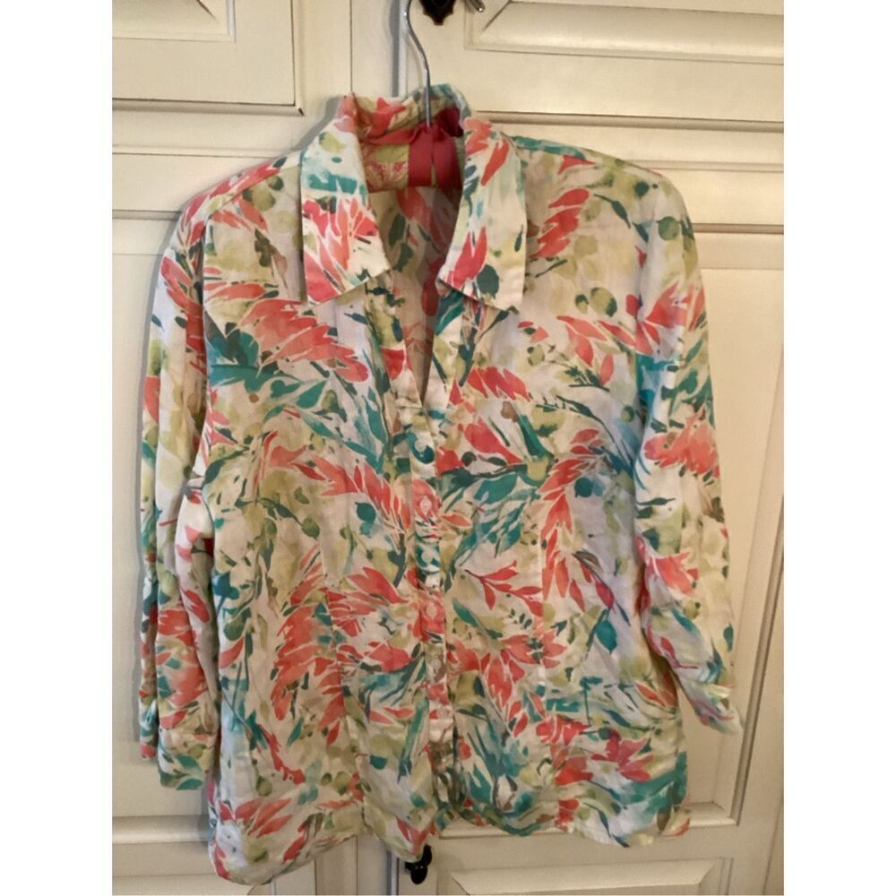 JM Collection 100% Linen Button Down Shirt Sz 14 Floral